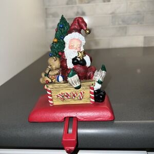 VTG 1999 Handcrafted Sleeping Santa Christmas Stocking Holder Metal Resin 5x4.5"